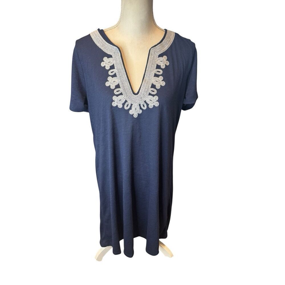 Lilly Pulitzer MAISY SWING T SHIRT DRESS True Navy Embroidered White XL Beachy